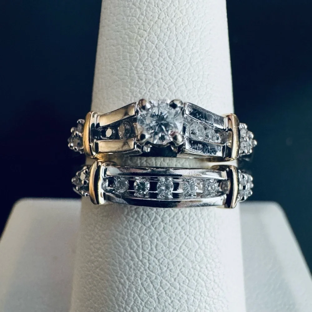14K White and Yellow Gold Diamond Bridal Ring Set size 8.25